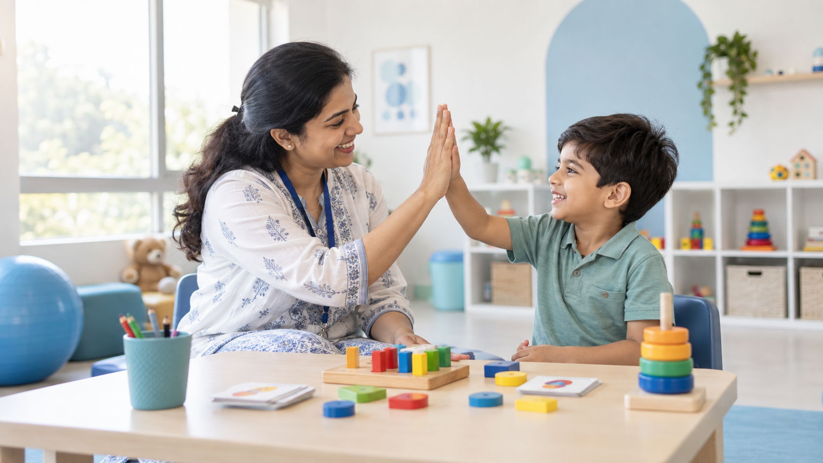 Therapist and child celebrating progress together